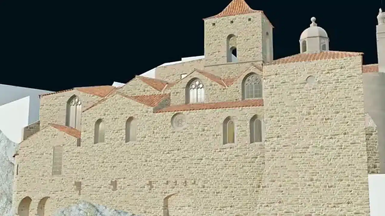Rendu 3D final de l'église de la haute ville de Vaison-la-Romaine, pierres et tuiles restituées
