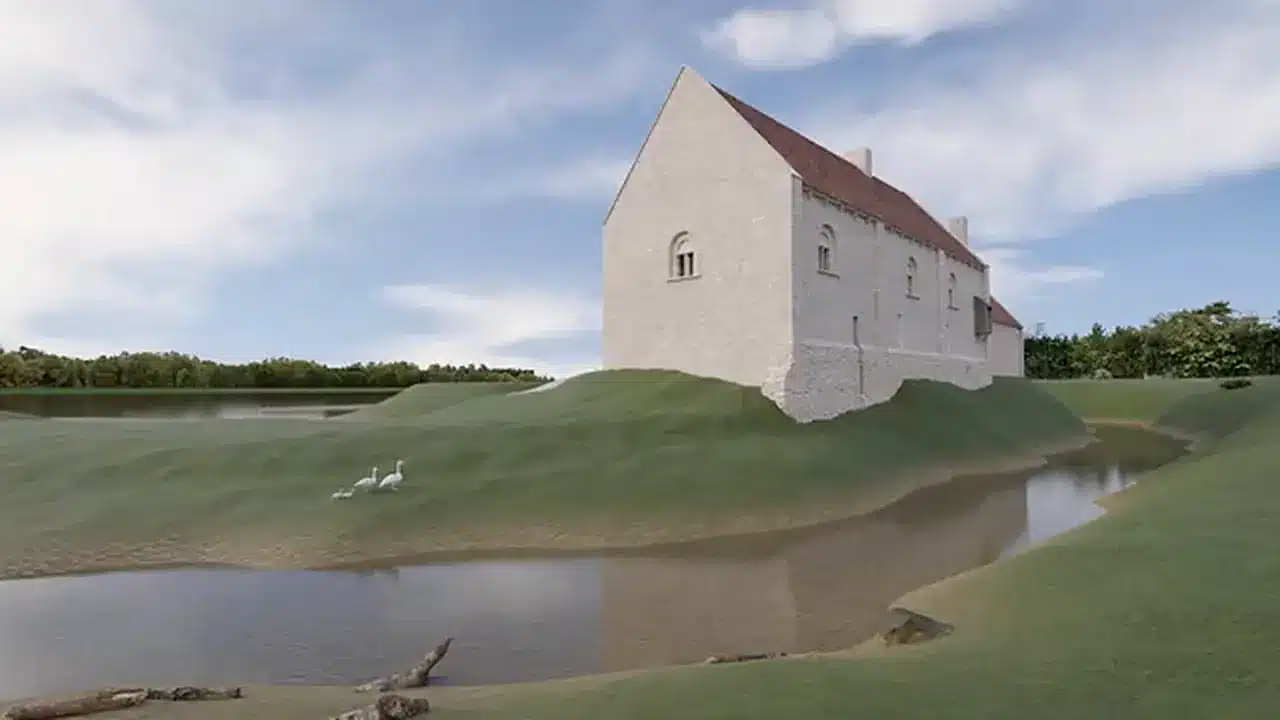 Le logis médiéval de Vatteville reconstitué en 3D sur sa butte, au bord de l'eau