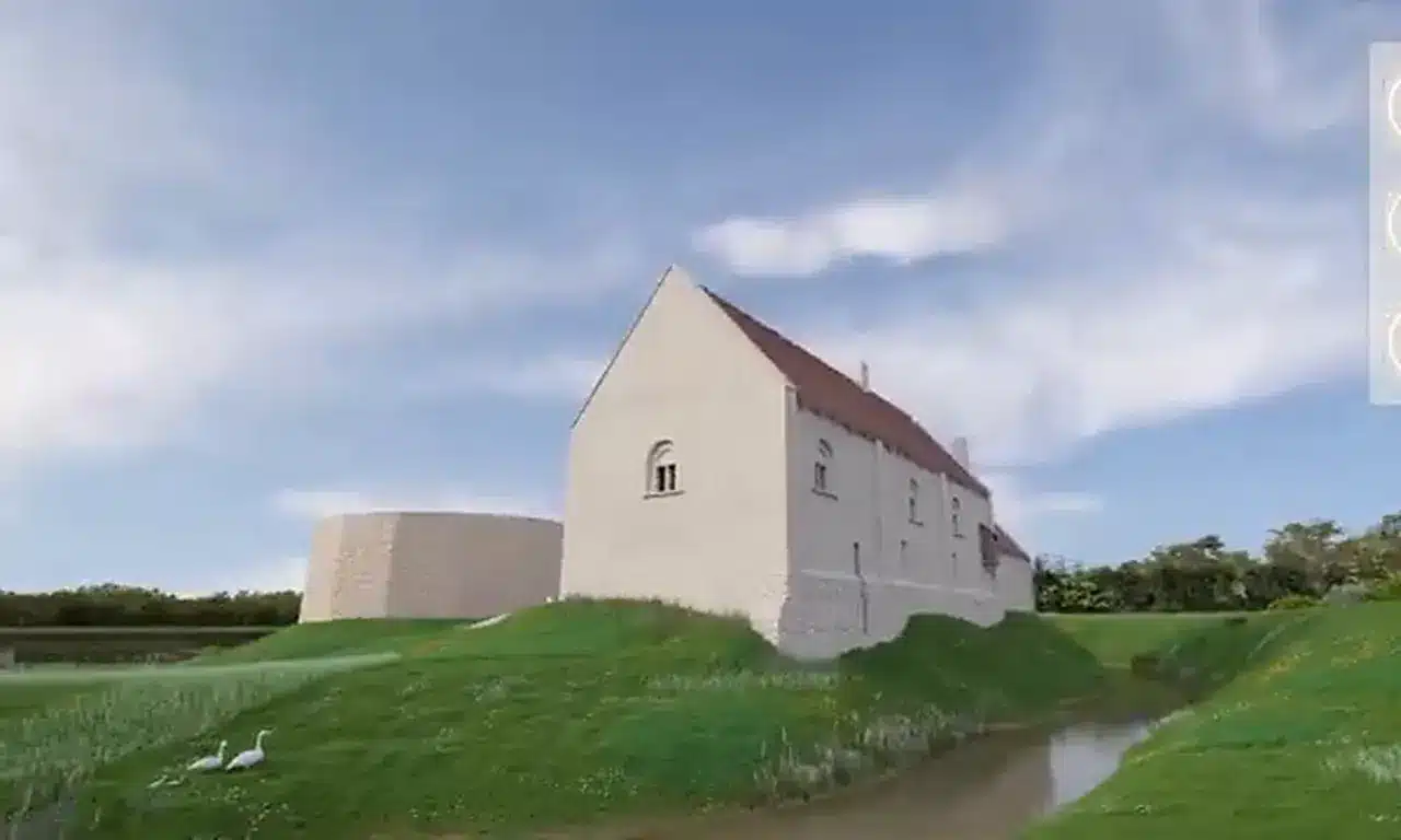 Le logis médiéval de Vatteville reconstitué en 3D, vu dans l'application de réalité virtuelle sur smartphone